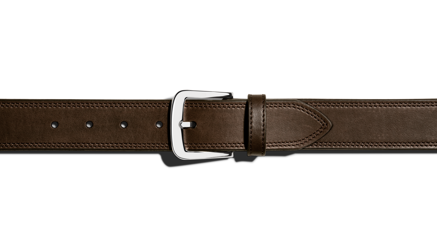 A close-up of the Shinola 1 1/2" Double Stitch Belt in Deep Brown, featuring premium leather, double stitching, and a shiny silver buckle on a plain white background.