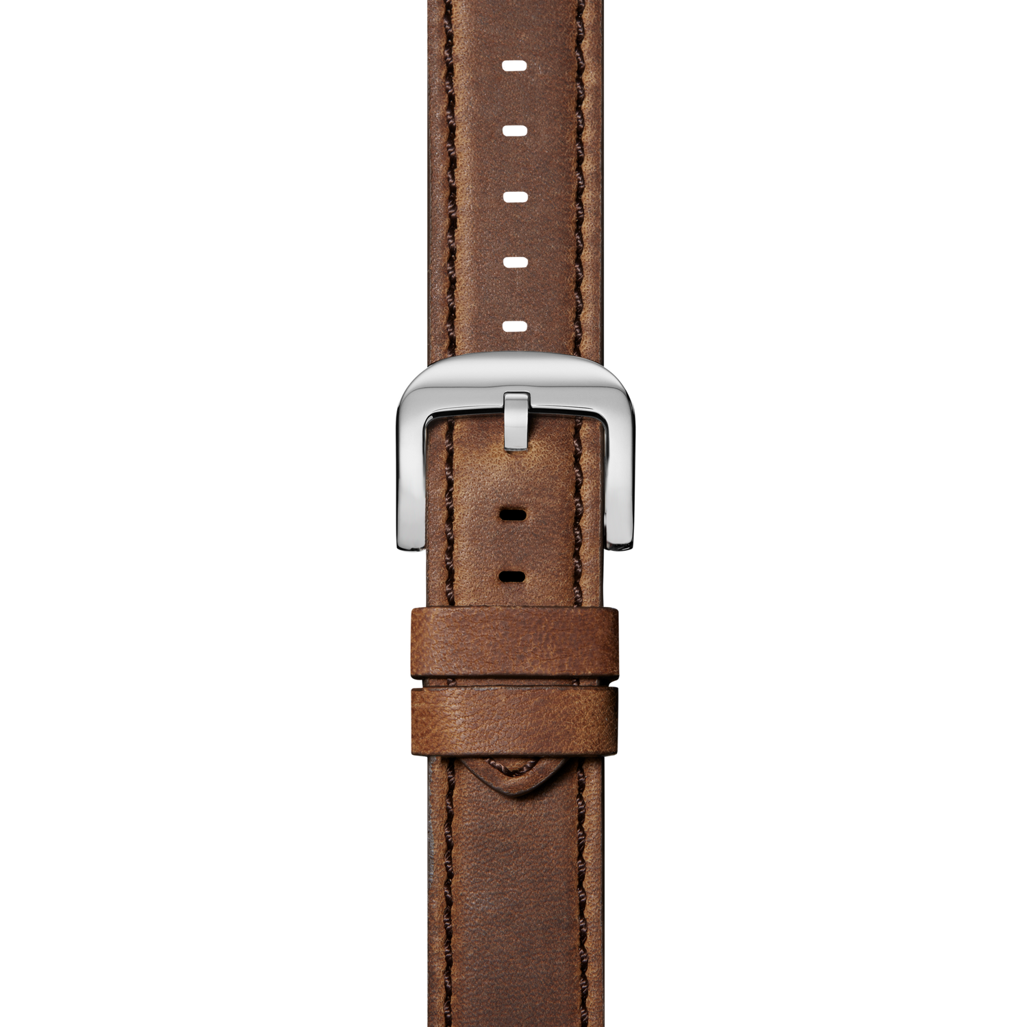 The Shinola 22mm British Tan Leather Watch Strap features visible hand-sewn stitching, a silver buckle, and multiple adjustment holes. Shown vertically against a white background.