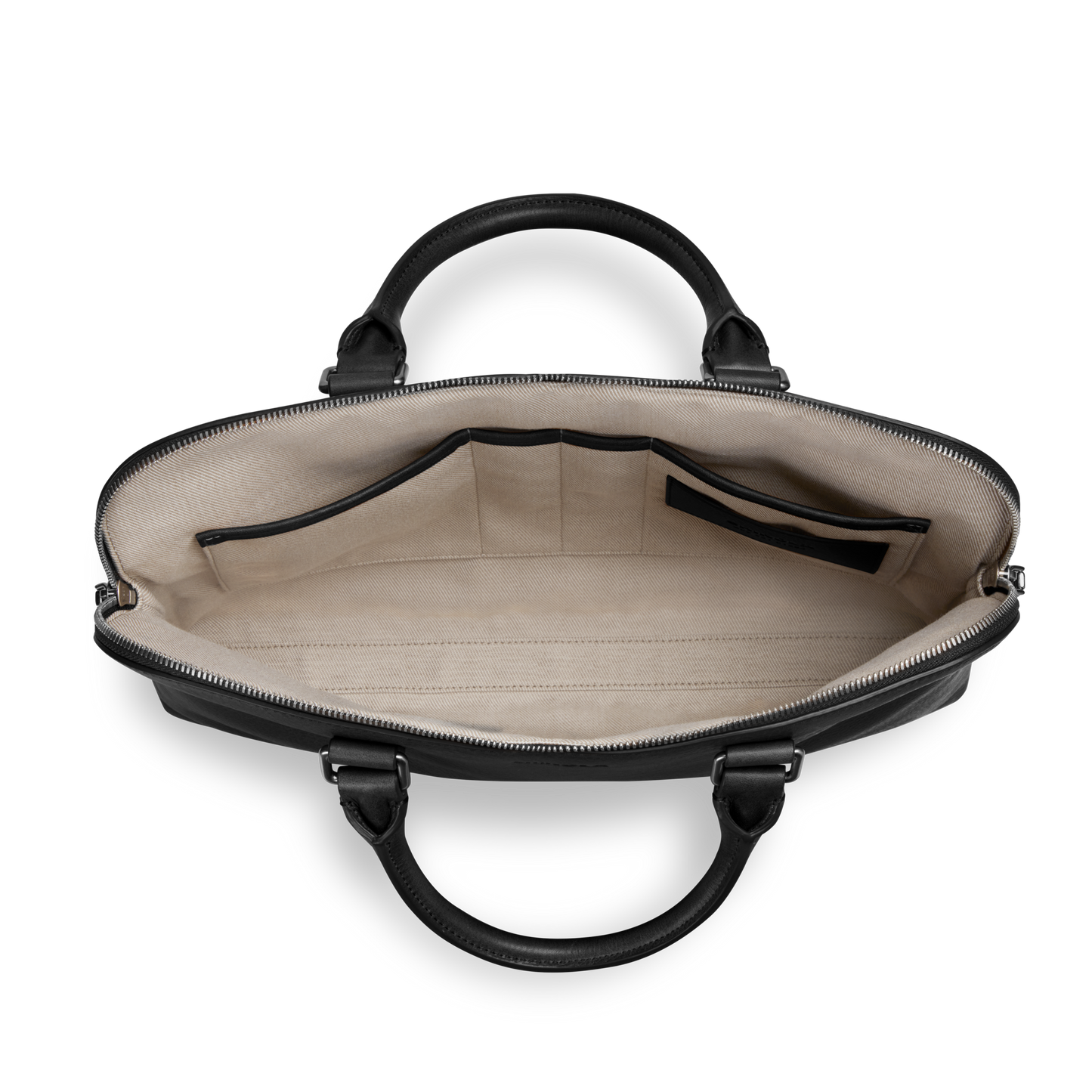 Top view of the Shinola Portfolio Briefcase - Black: a slim, laptop-style design with a beige interior, multiple inner pockets and compartments, pen slots, and a zippered pocket.