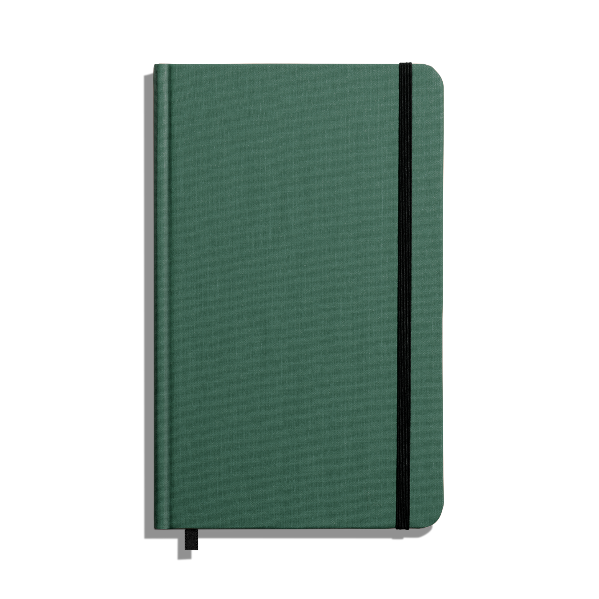 The Shinola Medium Hard Ruled Journal - Fern is a green linen, smyth-sewn notebook with a black elastic band and ribbon bookmark, shown from above on a white background.