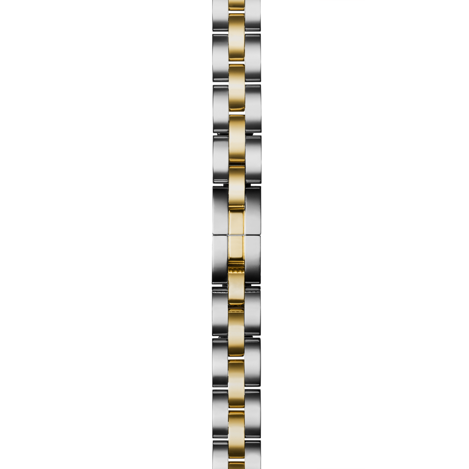 A close-up of the Shinola 8mm Two-Tone 3-Link Bracelet, featuring alternating silver and gold links, arranged vertically on a white background; perfect for 36mm Gomelsky or 34mm Birdy watch styles.