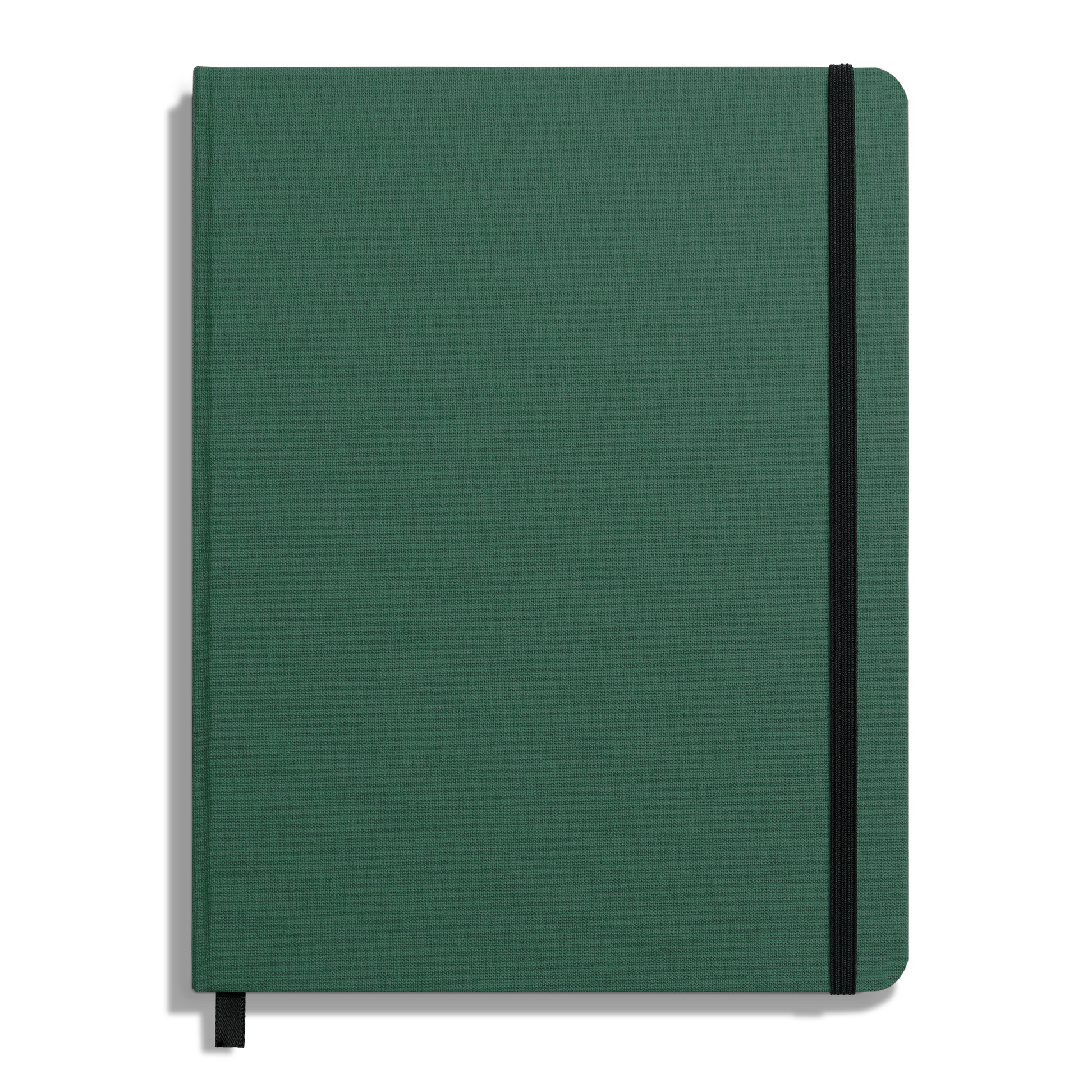 The Shinola Large Hard Ruled Journal - Fern features a closed green hardcover, styled like a linen journal, with a black elastic band on the top right corner, a black ribbon bookmark at the bottom, and an unmarked plain cover.