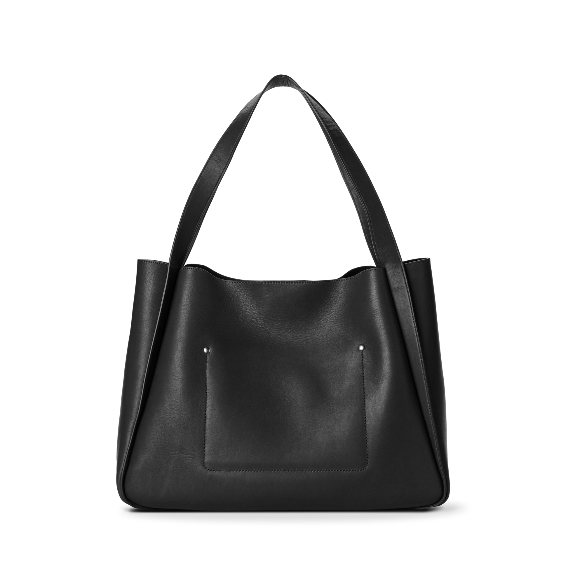 The Shinola Derby Tote Bag - Black is an everyday tote made from natural leather, with a large outer pocket, two wide shoulder straps, and a minimalist design—shown here against a white background.