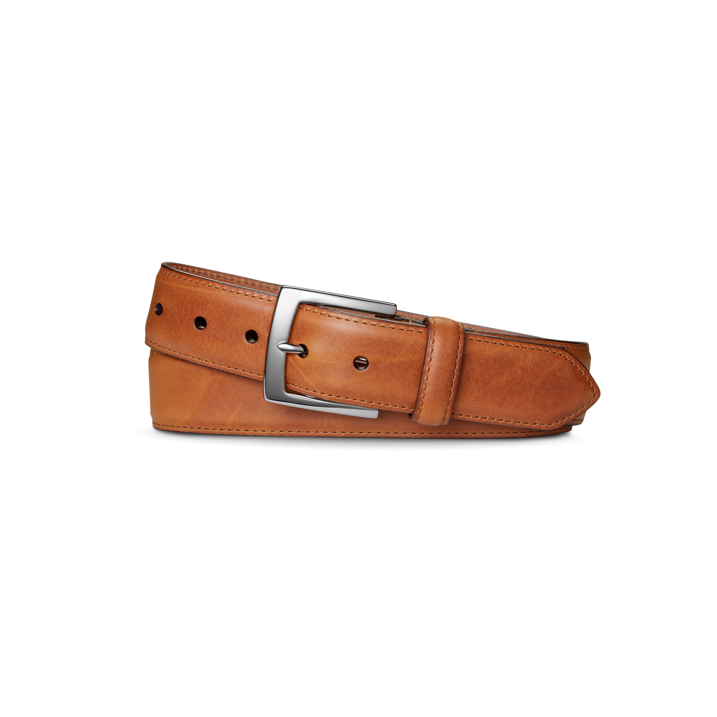 The Shinola 1 1/2" Bedrock Belt in Bourbon features signature leather and a sleek silver-toned buckle, neatly rolled and displayed on a plain white background.